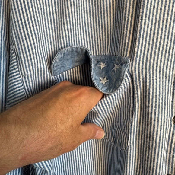 Vintage Lemon Grass Womens Striped Denim‎ Button Up Shirt Blue/White Large Train - Picture 3 of 15